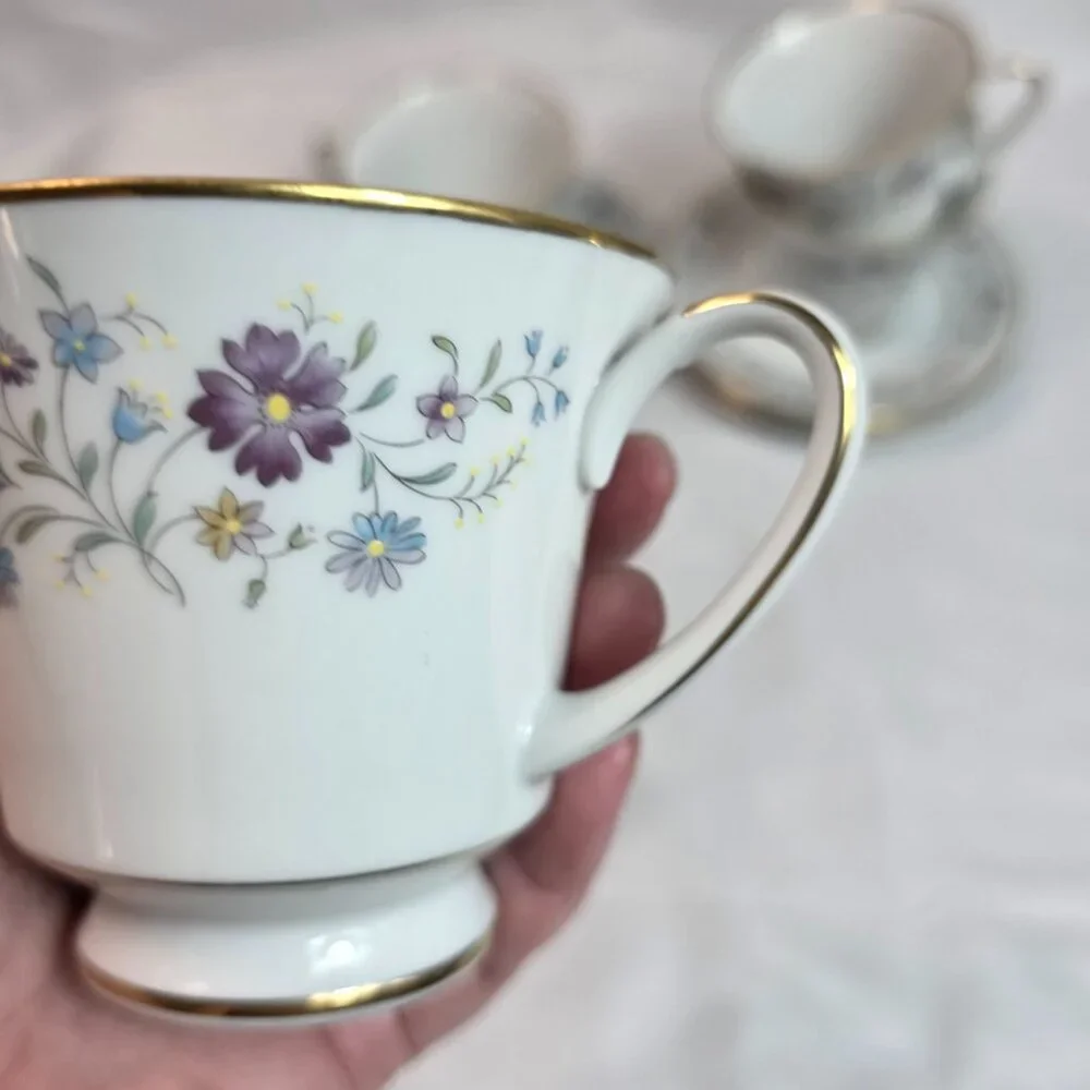 FOUR Noritake Longwood #2485 Cup & Saucer Sets Purple, Blue & Yellow Flowers